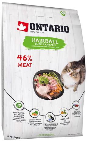 Sausas kačių maistas Ontario Hairball, antiena, 6.5 kg