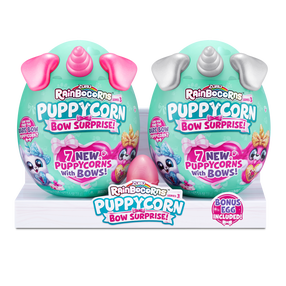 Mīksto rotaļlietu komplekts Rainbocorns Sparkle Heart Surprise Combo Puppycorn Surprise Bow, zaļa krās., 27 cm