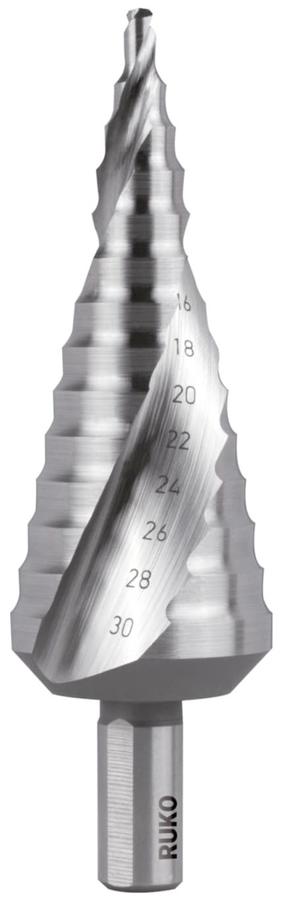Pakāpju urbis Ruko 101052E, tērauds/nerūsējošais tērauds/plastmasas, hsse-co5, tri-flat, 4 - 30 mm x 10.0 cm