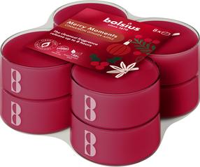Svece, tējas sveces Bolsius Merry moments, 8 h, 8 gab., sarkana krās.