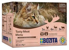 Mitrā kaķu barība Bozita Tasty Meat Menu, liellopa gaļa/vistas gaļa/brieža gaļa, 12 x 85 g