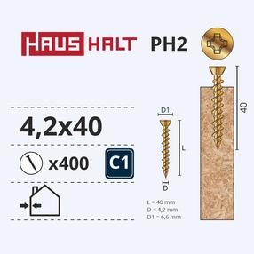 Koka skrūve, osb plāksnes Haushalt PH, 4.2 x 40 mm, dzeltena krās., 400 gab.