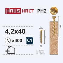 Medsraigtis, osb plokštėms Haushalt PH, 4.2 x 40 mm, geltona sp., 400 vnt.