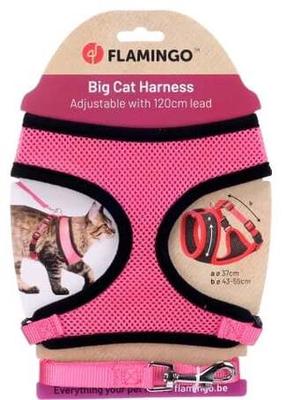 Kačių petnešos su pavadėliu Flamingo Big Cat 561597, 37 - 55 cm x 15 mm, juoda sp./rožinė sp.