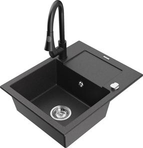 Prekė su pažeista pakuote. Plautuvė su virtuviniu maišytuvu Mexen Enzo Black granite+Black, granitas, 57 cm x 46 cm x 17.4 cm, black granite+black
