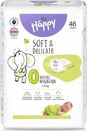 Sauskelnės Happy Soft & Delicate, 0 dydis, 1 - 2 kg, 46 vnt.