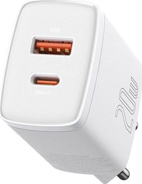 Telefoni laadija Baseus Compact, USB Type C/USB Type A, 8.2 cm, valge v., 20 W