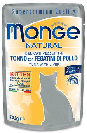 Mitrā kaķu barība Monge Natural Tuna With Chicken Livers Kitten, zivs, 0.08 kg