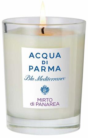 Svece, aromātiskā Acqua Di Parma Blu Mediterraneo Mirto Di Panarea, 50 h, 200 g, caurspīdīga krās./balta krās.