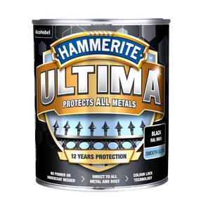 Emaljas krāsa, aizsargā metāla konstrukcijas pret koroziju Hammerite Ultima Smooth, spīdīga, 0.7 l, melna krās.