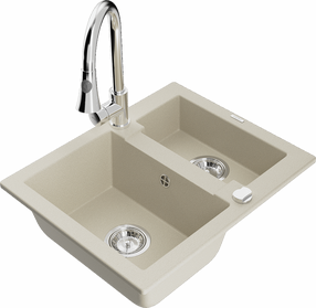Plautuvė su virtuviniu maišytuvu Mexen Carlos Beige+Chrome, granitas, 58 cm x 47 cm x 17.7 cm, beige+chrome sp.
