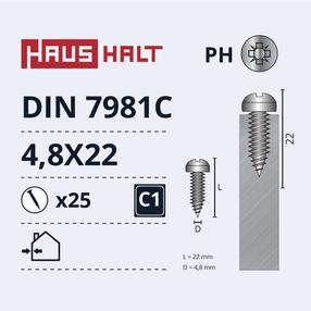 Isekeermestavad kruvid Haushalt DIN7981C, 4.8 mm x 22 mm, 25 tk
