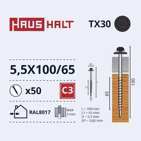 Isekeermestavad kruvid Haushalt DIN 7504N, 5.5 mm x 100 mm/65 mm, 50 tk