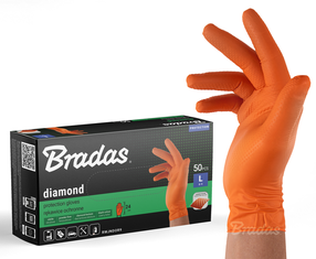 Cimdi gumija Bradas Diamond, oranža krās., L, 50 gab.