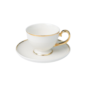 Puodelis su lėkštute Quality Ceramic Prima Gold, aukso sp./balta sp., 0.28 l