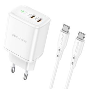 Telefona lādētājs Borofone BN9 2xType-C 35W + Type-C, USB Type C, balta krās., 34 W