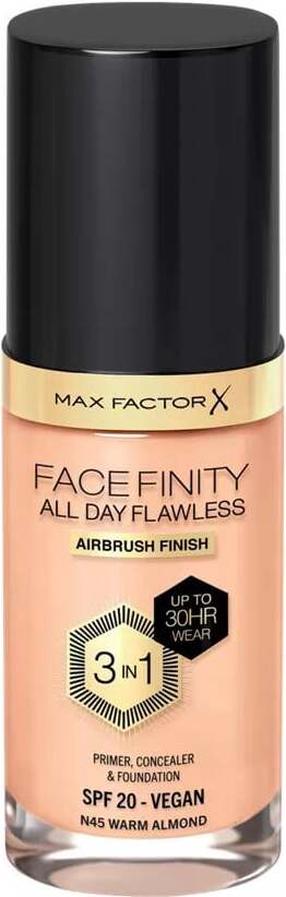 Šķidrā grima bāze Max Factor All Day Flawless 3 in 1 Facefinity, SPF 20, n45 warm almond, 30 ml