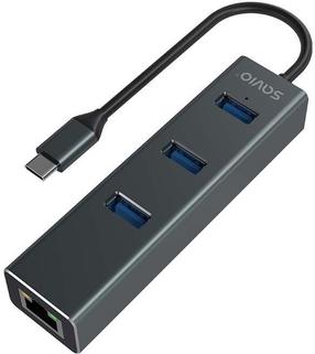 Адаптер Savio USB-C - 3 x USB/RJ-45 AK-57 USB-C male, 3 x USB/RJ-45 female, серый цв.
