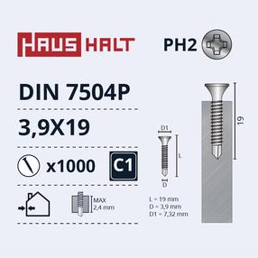 Pašvītņojošā skrūve Haushalt DIN 7504P, 3.9 mm x 19 mm, 1000 gab.