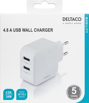 Зарядное устройство для телефона Deltaco USB-AC175, 2 x USB Type A, белый цв., 24 Вт