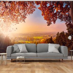 Fototapetas Artgeist Autumn delight - sunny landscape with countryside surrounded by trees and fields, 175 cm x 250 cm