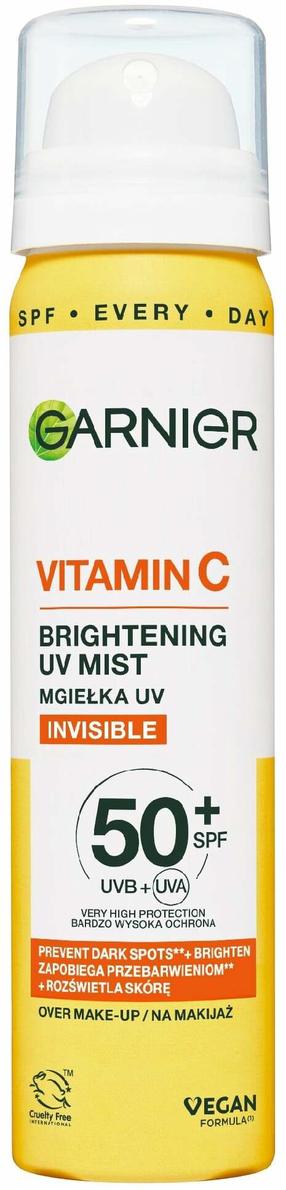 Purškiklis įdegio priežiūrai veidui Garnier Vitamin C Brightening Over Make-Up SPF50+, 75 ml