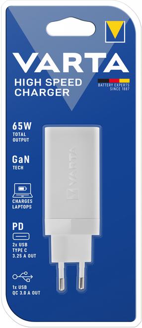 Telefona lādētājs Varta High Speed, USB Type C/USB, balta krās., 65 W