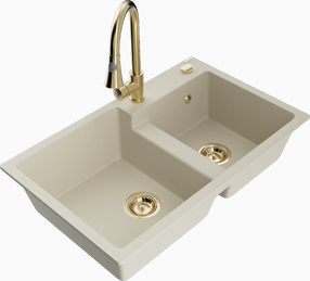 Plautuvė su virtuviniu maišytuvu Mexen Tomas Beige+Gold, granitas, 80 cm x 50 cm x 19 cm, beige+gold sp.