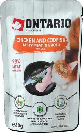 Šlapias kačių maistas Ontario Tasty Meat In Broth 213-3032, vištiena/menkė, 0.08 kg