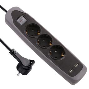Pagarinātājs Electraline, 3 x 1,5 mm², 2 m, 3 ligzdas, 2USB, ar slēdzi, melna krās.