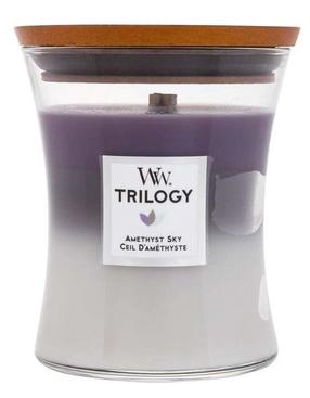 Svece, aromātiskā WoodWick Amethyst Sky Trilogy, 65 h, 275 g, balta krās./violeta krās.