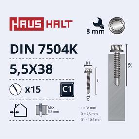 Саморез Haushalt DIN 7504K, 5.5 мм x 38 мм, 15 шт.