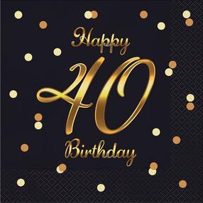 Popierinės servetėlės GoDan Happy 40 Birthday, 33 cm x 33 cm, aukso sp./juoda sp., 20 vnt.