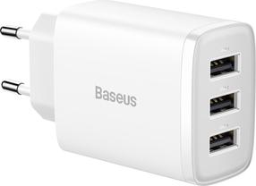 Зарядное устройство для телефона Baseus CCXJ020102, 3 x USB, 12.3 см, белый цв., 17 Вт