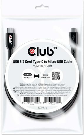 Vads Club 3D CAC-1526, Micro USB/USB Type-C, melna krās.