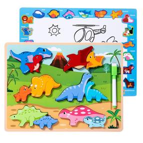 Piešimo lenta, dėlionė Lean Toys 2in1 Dinosaurs, 22.5 cm, įvairių spalvų, 12 vnt.