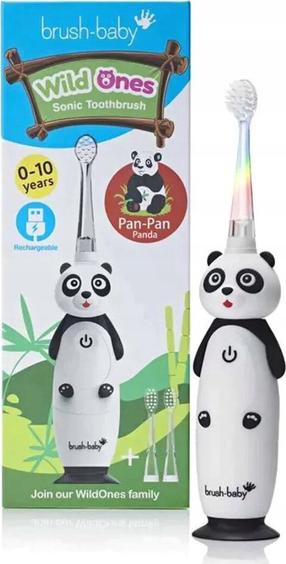 Elektrinis dantų šepetėlis Brush-baby WildOnes Panda, balta sp./juoda sp.