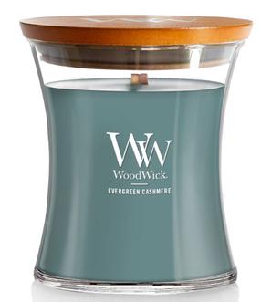 Svece, aromātiskā WoodWick Medium Hourglass Evergreen Cashmere, 55 - 65 h, 275 g, zaļa krās.