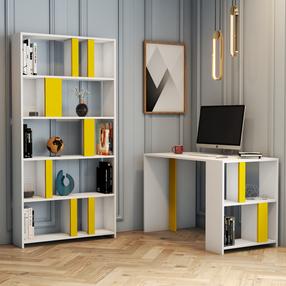 Biuro baldų komplektas Kalune Design Lima Desk & Bookshelf, balta sp./geltona sp., 180 cm x 20 cm x 90 cm