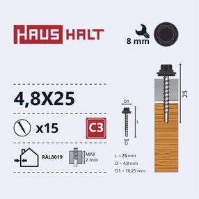Pašvītņojošā skrūve Haushalt, 4.8 mm x 25 mm, 15 gab.