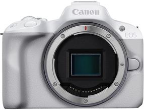 Bezspoguļa kamera Canon EOS R50 + Mount Adapter EF-EOS R, balta krās.