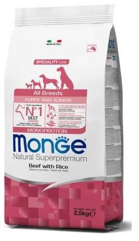 Kuiv koeratoit Monge ALL BREEDS Puppy & Junior Beef and Rice, veiseliha/riis, 12 kg
