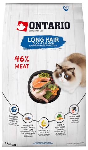 Sausas kačių maistas Ontario Longhair Duck & Salmon, antiena, 6.5 kg