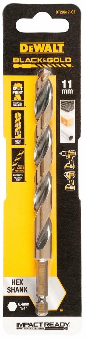 Сверло по металлу Dewalt, дерево/металл/cталь, hss, hex 1/4, 11 мм x 14.5 см