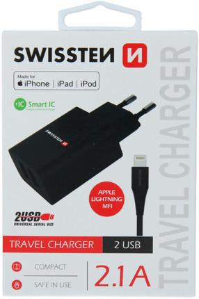 Telefona lādētājs Swissten Smart IC Travel, USB/AC/DC, 120 cm, melna krās.