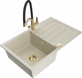 Plautuvė su virtuviniu maišytuvu Mexen Bruno Beige+Black/Gold, granitas, 79 cm x 49 cm x 20 cm, beige+black/gold sp.
