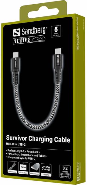 Laidas Sandberg 441-66, 2 x USB Type C male, 20 cm, balta sp./juoda sp., 100 W