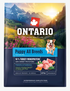 Kuiv koeratoit Ontario Monoprotein Puppy and Junior All Breeds, kalkun/magus kartul, 2.25 kg