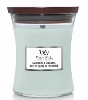 Žvakė, aromatinė WoodWick Medium Sagewood & Seagrass, 55 - 65 h, 275 g, mėlyna sp.
