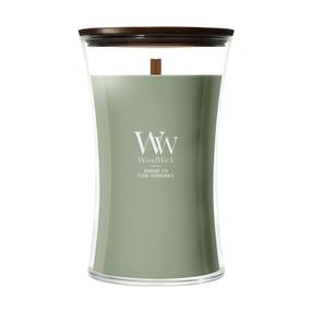 Svece, aromātiskā WoodWick Verdant Fig, 90 - 140 h, 609 g, zaļa krās.